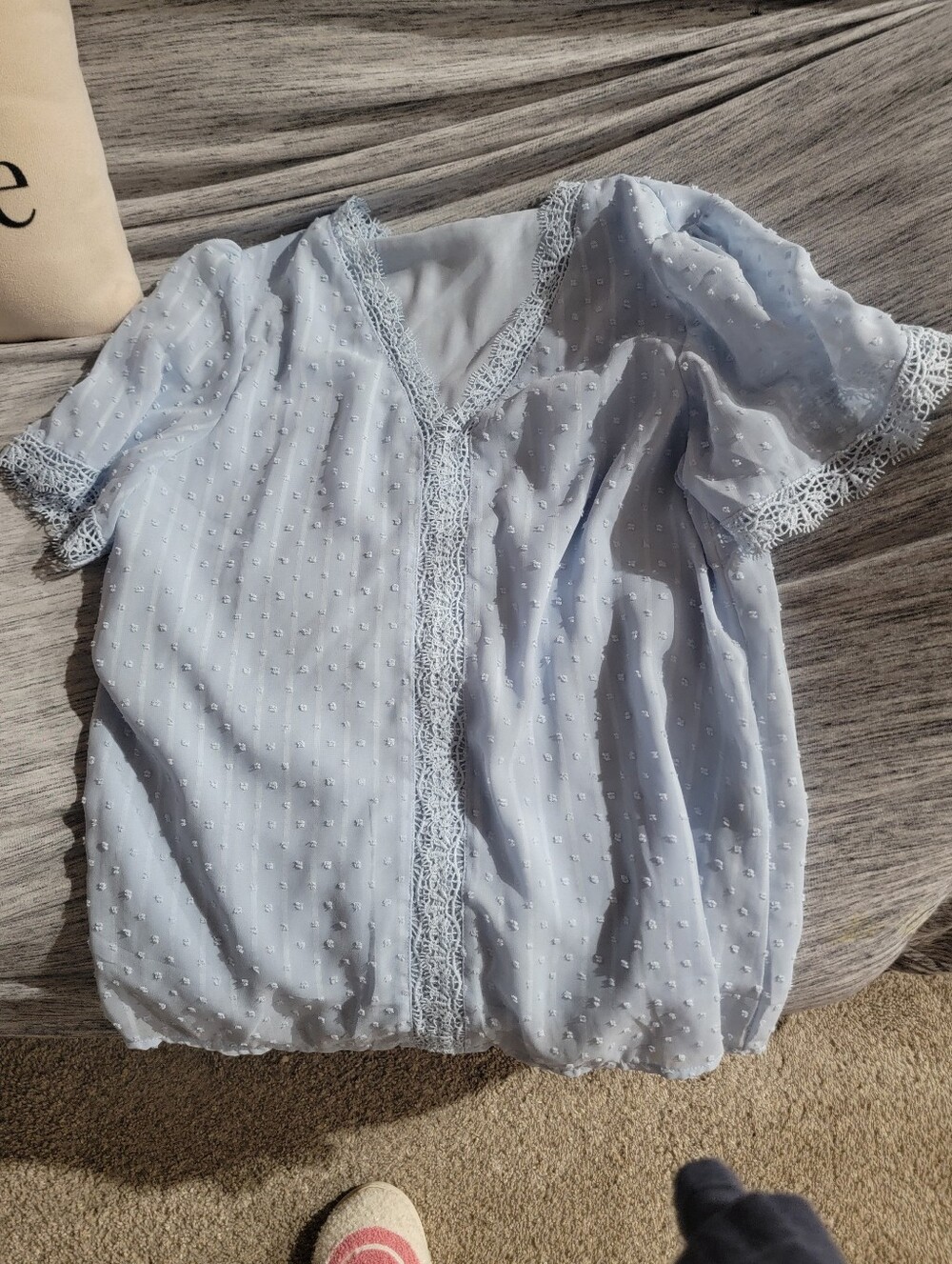 Light Blue Lace-Trim Swiss Dot Blouse